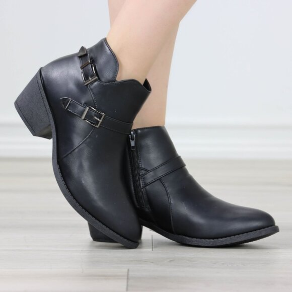 Womens Ankle Boots Low Block Heel Black Synthetic Leather Pointed Toe Buckles - Picture 9 of 11